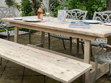 Rustic Farmhouse Outdoor or Indoor Kitchen Table with Wooden Legs. Handmade to order.